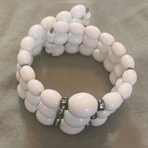 White Beaded Stretch Bracelet Womens Rhinestone Crystal Wide Chunky Jewelry